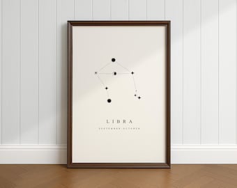 Libra Constellation Print, Downloadable Poster, Minimalist, Vintage and Rustic Decor, Gift for Astronomy Space Fans, Black and White Print