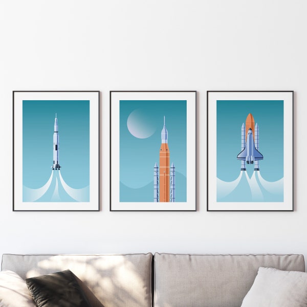 NASA Wall Art, Space Poster, 3 Piece Wall Art, Saturn V Poster, Space Shuttle Poster, Artemis Poster, DIGITAL DOWNLOAD, Printable Wall Art