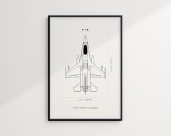 F16 Blueprint Poster, Fighter Jet Wall Art, DIGITAL DOWNLOAD, Minimalist F16 Wall Art, F-16 Fighting Falcon, Military Aircraft Poster