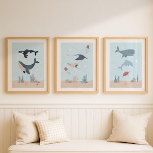 Ocean nursery wall art, set of 3 wall art, DIGITAL DOWNLOAD, sea animals print art, ocean print for kids bedroom, dolphin print, whale print