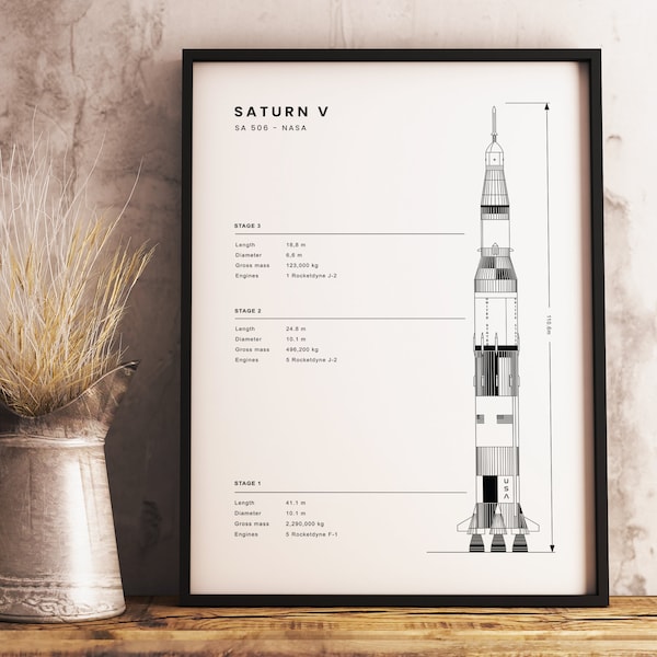 Saturn V Nasa Rocket Spacecraft Blueprint Printable Wall Art Digital Print Wall Art Decor Instant Download Retro Modern Art Boys Bedroom