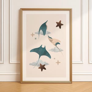 Manta ray art, Ocean nursery decor, DIGITAL DOWNLOAD, nursery space decor, fantasy nursery, neutral beige nursery wall art, art for kids