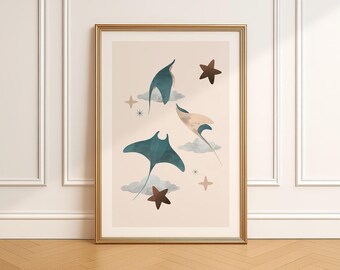 Manta ray art, Ocean nursery decor, DIGITAL DOWNLOAD, nursery space decor, fantasy nursery, neutral beige nursery wall art, art for kids