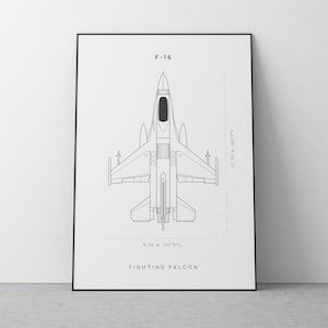 Póster de plano del F-16, arte mural de caza, descarga digital, arte mural minimalista del F-16, F-16 Fighting Falcon, póster de avión militar