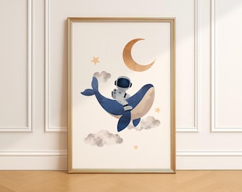 Astronauta sobre ballena, arte de pared para guardería espacial, DESCARGA DIGITAL, guardería con temática espacial, arte de pared de ballena en el cielo, arte de pared para guardería, arte para niños
