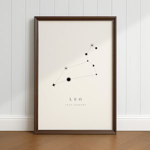 Leo Constellation Poster, herunterladbarer Druck, minimalistisches, Vintage und rustikales Dekor, Geschenk für Astronomie-Weltraum-Fans, Schwarz-Weiß-Druck