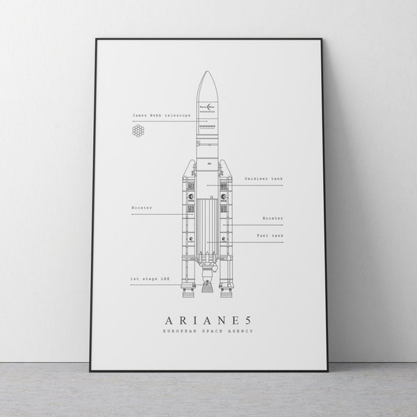 Rocket Blueprint Ariane 5 Wall Art, Downloadable Print, Minimalist Space and Vintage Space Print for Space lovers