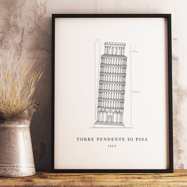 Pisa Blueprint Wall Art, Leaning Tower of Pisa Print, Italie Wall Art, Minimal Blueprint Art, TÉLÉCHARGEMENT NUMÉRIQUE, Affiche d’architecture vintage