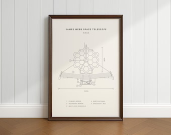NASA James Webb Poster, Digital Download, Space Telescope Blueprint Wall Decor, NASA Blueprint Art, Vintage Space Print for Space Lovers