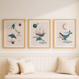 Ocean nursery wall art, set of 3 wall art, DIGITAL DOWNLOAD, flying whale, manta ray art, sailboat nursery, stars moon cloud nursery art