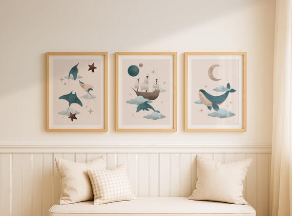 Ocean nursery wall art, set of 3 wall art, DIGITAL DOWNLOAD, flying whale, manta ray art, sailboat nursery, stars moon cloud nursery art
