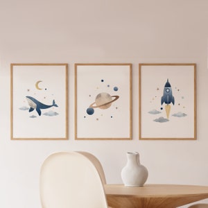 Space Nursery Wall Art Set, Set of 3 Nursery Prints, Whale in Sky Print, Rocket Ship Nursery Decor, Saturn Wall Art, DIGITAL DOWNLOAD