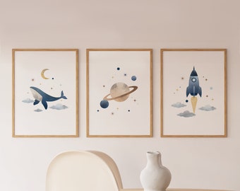 Space Nursery Wall Art Set, Set of 3 Nursery Prints, Whale in Sky Print, Rocket Ship Nursery Decor, Saturn Wall Art, DIGITAL DOWNLOAD