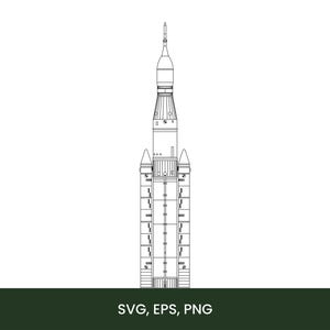 May include: Line drawing of a tall rocket with multiple stages, a pointed top, and side boosters. The rocket is black and white against a white background. The bottom of the image has the text "SVG, EPS, PNG" in white.