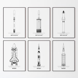 NASA und SpacX Blueprint Poster, 6er-Set, Minimalistische Weltraum Wandkunst, DIGITAL DOWNLOAD, Rocket Blueprint Poster, SpaceX Blueprint Poster,