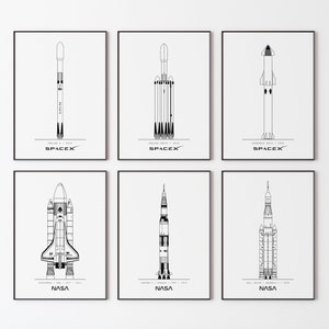 NASA and SpacX Blueprint Poster, Set of 6, Minimalist Space Wall Art, DIGITAL DOWNLOAD, Rocket Blueprint Poster, SpaceX Blueprint Poster,