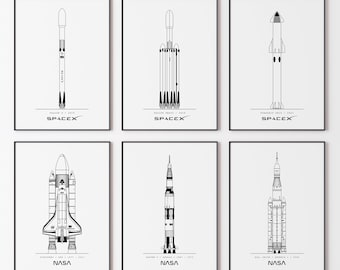 NASA und SpacX Blueprint Poster, 6er-Set, Minimalistische Weltraum Wandkunst, DIGITAL DOWNLOAD, Rocket Blueprint Poster, SpaceX Blueprint Poster,