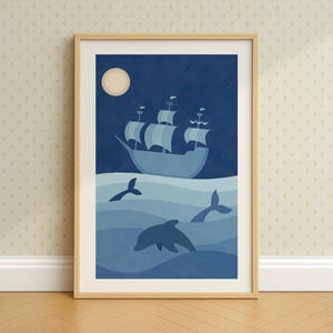 Pirate ship with dolphin wall art, DIGITAL DOWNLOAD, nautical nursery wall art, ocean nursery decor, wall art for kids, coastal wall art
