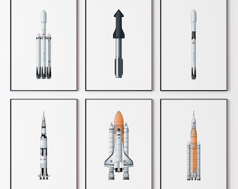 NASA and SpacX Poster, Set of 6, Minimalist Space Wall Art, DIGITAL DOWNLOAD, Rocket Blueprint Poster, SpaceX Blueprint Poster, Gift for him