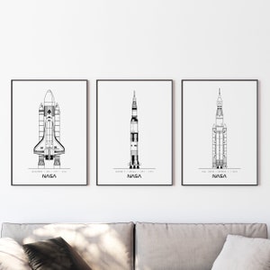 Nasa Blueprint Poster, Set of 3 Prints, DIGITAL PRINT, Saturn V Wall Art, Space Shuttle Print, Artemis, Orion, Minimalist Space Art, Vintage