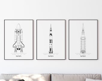 Nasa Blueprint Poster, Set von 3 Drucken, DIGITALDRUCK, Saturn V Wandkunst, Space Space Shuttle Druck, Artemis, Orion, minimalistische Weltraum Kunst, Vintage