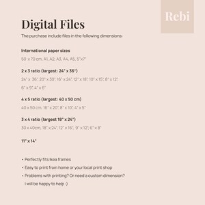 May include: A white text document with the heading "Digital Files" and a list of different file sizes for digital prints. The text includes measurements in inches and centimetres. The document also includes information about printing options and a contact email address.