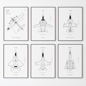 Plakat myśliwca, zestaw 6, zestaw planów myśliwca, POBIERANIE CYFROWE, B17, F18 Hornet, F22 Raptor, F14 Tomcat, F16 Falcon, SR71 Art