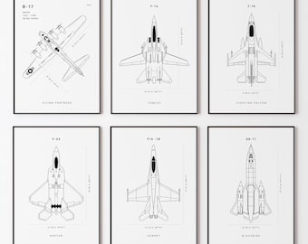 Fighter Jet Poster, Set of 6, Fighter Jet Blueprint Set, DIGITAL DOWNLOAD, B17, F18 Hornet, F22 Raptor, F14 Tomcat, F16 Falcon, SR71 Art