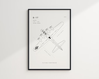 B17 Bomber Art, B17 Blueprint Poster, DIGITAL DOWNLOAD, Flying Fortress, Military Aircraft, WW2 Aircraft, Minimalist Airplane Poster
