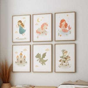 Art mural de chambre d&#39;enfant de conte de fées, lot de 6 oeuvres d&#39;art, TÉLÉCHARGEMENT NUMÉRIQUE, oeuvre d&#39;art murale pour chambre d&#39;enfant princesse, chambre d&#39;enfant dragon, impression d&#39;art fantastique pour enfants