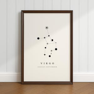 Virgo Konstellation Druck, Download, minimalistisch, Vintage und Rustikal Dekor, Geschenk für Astronomie Space Fans, Schwarz Weiss Druck
