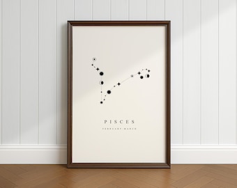 Pisces Constellation Print, Digital Download, Minimalist, Vintage and Rustic Decor, Gift for Astronomy Space Fans, Black and White Print