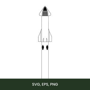 May include: A black and white line drawing of a rocket ship. The rocket has a pointed nose, fins, and two black oval shapes near the base. The text "SVG, EPS, PNG" is at the bottom of the image.