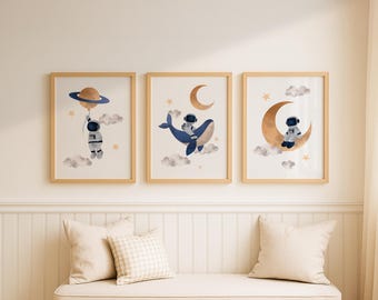 Set of 3 space themed nursery wall art, DIGITAL DOWNLOAD, astronaut wall art, whale in space poster, space nursery wall art, for kids room