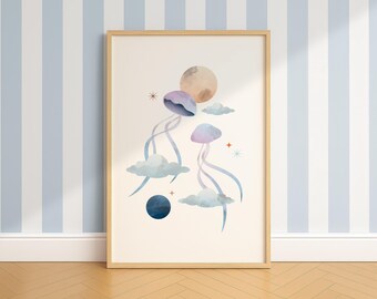 Jellyfish print, DIGITAL PRINT, Ocean Wall Art, Space Nursery Print, Nautical Print, Space Theme Wall Art for Kids Bedroom Decor