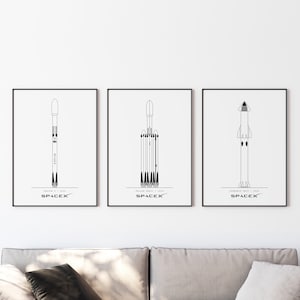 SpaceX Blueprint Poster, Set von 3 Drucken, DIGITALDRUCK, SpaceX Raumschiff, SpaceX Falke 9, SpaceX Falke Heavy, Weltraum Wandkunst, Minimalistisch