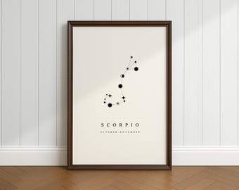 Scorpio Constellation Print, Download, Minimalist, Vintage and Rustic Decor, Gift for Astronomy Space Fans, Black and White Print