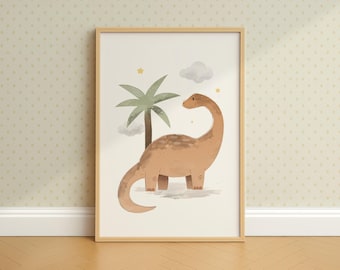 Impresión de brontosaurio, arte de pared de dinosaurio, DESCARGA DIGITAL, habitación de bebé niño con dinosaurio, decoración de guardería de dinosaurios, impresión de pared en color pastel neutro