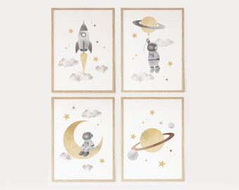 Set of 4 nursery wall art, Space themed nursery wall art, DIGITAL DOWNLOAD, Rocket ship poster for kids, Planet wall art, Astronaut poster