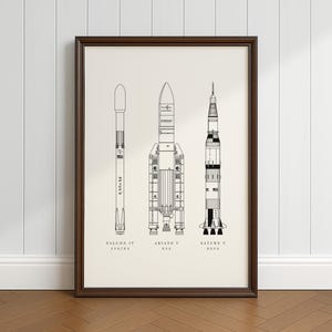 Ruimteraketten | Muurkunst | Digitale afdruk | Saturnus V | Valk 9 | Ariane V | Direct downloadbare poster | Modern blauwdrukontwerp | NASA |