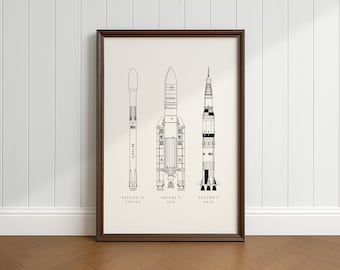 Fusées spatiales | Art mural | Impression numérique | Saturne V | Faucon 9 | Ariane V | Poster téléchargeable instantanément | Conception de plans modernes | Nasa |