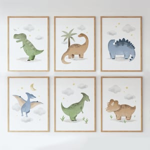 Set di poster di dinosauri, DOWNLOAD DIGITALE, set di 6 stampe da parete per la cameretta dei bambini, stampe da parete con dinosauri stampabili per la cameretta dei bambini