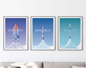 Space Rockets Printable, Set of 3 Wall Art, Saturn V, SpaceX, Space shuttle Discovery Poster, Space Print, Nasa Wall Art, DIGITAL DOWNLOAD