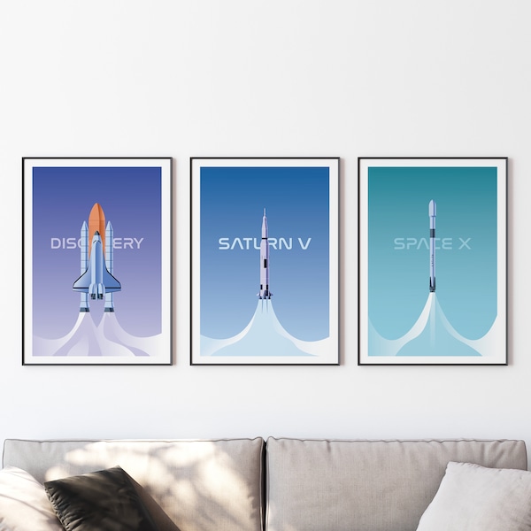 Space Rockets Printable, Set of 3 Wall Art, Saturn V, SpaceX, Space shuttle Discovery Poster, Space Print, Nasa Wall Art, DIGITAL DOWNLOAD