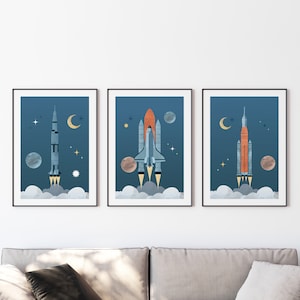 Nasa poster, Set of 3 prints, DIGITAL DOWNLOAD, Artemis rocket, Saturn 5, Space shuttle poster, for kids bedroom, Space theme room decor