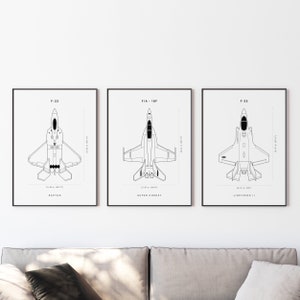 Set of 3 Fighter Jet Poster, Fighter Jet Blueprint Wall Art, DIGITAL DOWNLOAD, F22, F18, F35, US Navy Poster, Plane Poster, Easy to Print