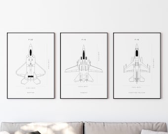 Fighter Jet Poster, Set of 3 Wall Art, Fighter Jet Blueprint Wall Art, DIGITAL DOWNLOAD, Military Aircraft Poster, Plane Poster, F16 Poster