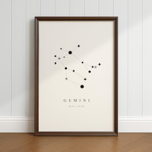 Gemini Constellation Poster, herunterladbarer Druck, minimalistisches, Vintage und rustikales Dekor, Geschenk für Astronomie-Weltraum-Fans, schwarz-weißer Druck