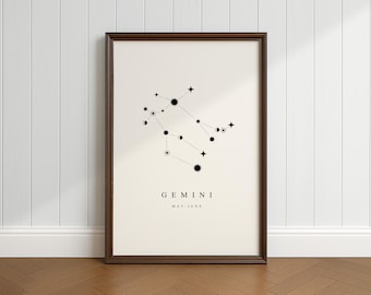 Gemini Constellation Poster, Downloadable Print, Minimalist, Vintage and Rustic Decor, Gift for Astronomy Space Fans, Black and White Print