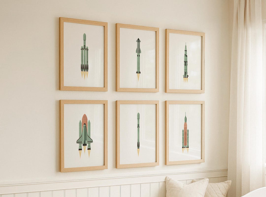 NASA and Spacex Wall Art Set, Green Outer Space Decor, Space X Rockets ...